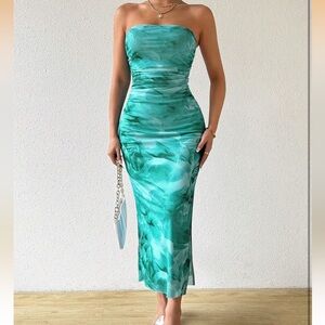 Strapless Blue Green Marble-Print Maxi Dress- NEW, small